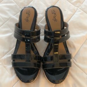 Sofft Black Patent Leather Wedge Sandals